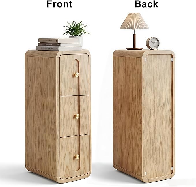 Narrow Nightstand Set of 2, Small Bedside Table with 3 Drawers, Mid Century Modern Skinny Night Stand with Storage, Wood Slim Side Table for Bedroom, Living Room (Natural-2pcs)