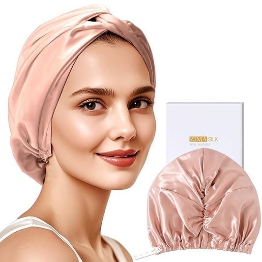 ZIMASILK 22匁 100%マルベリーシルク スリープキャップ レディース ヘアケア 抜け毛を軽減する調節可能なシルクヘアラップ (1個、ブラッシュピンク)