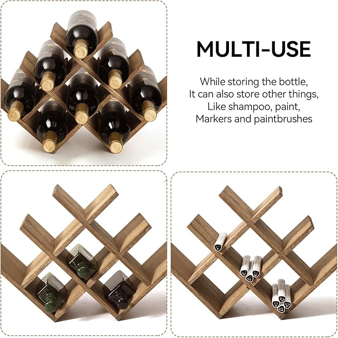 KIRIGEN Wooden 8-Bottle Wine Rack, 3-Tier Countertop Wine Bottle Holder for Cabinets, Bar Cart, Kitchen Counter, Pantry, Dining Room, 16.73 x 5.9 x 11.14 in, XHJJ3-DBR
