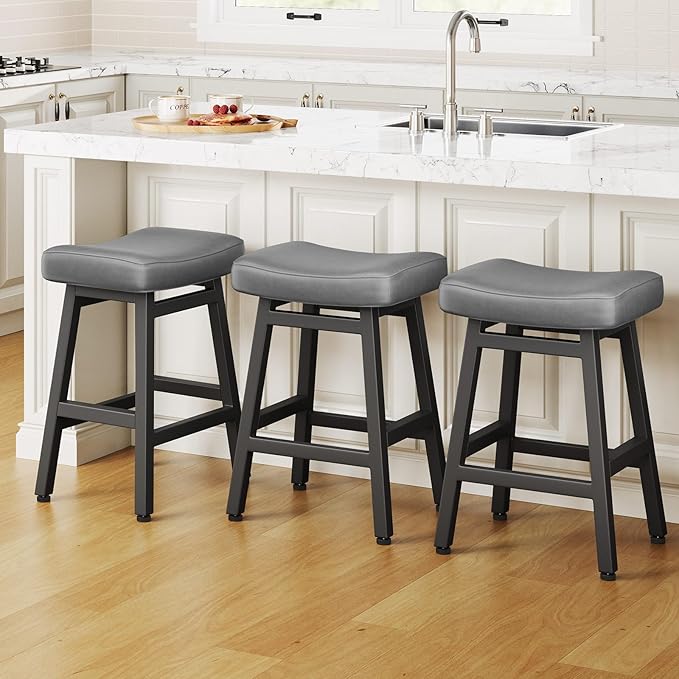 Raynesys Counter Height Bar Stools Set of 3, 24 Inch Barstools for Kitchen Counter, Kitchen Stools with Bonded Leather Saddle Seats & Heavy Duty Metal Legs, Easy Assembly, Gray/Black