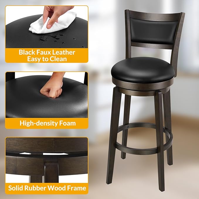 PrimeZone Swivel Bar Stools Set of 8, 30 Inch Bar Height Barstools, Black Faux Leather Bar Stool with High Backrest & Solid Wood Legs & Wrap-Around Footrest, Counter Stools for Kitchen Island, Pub