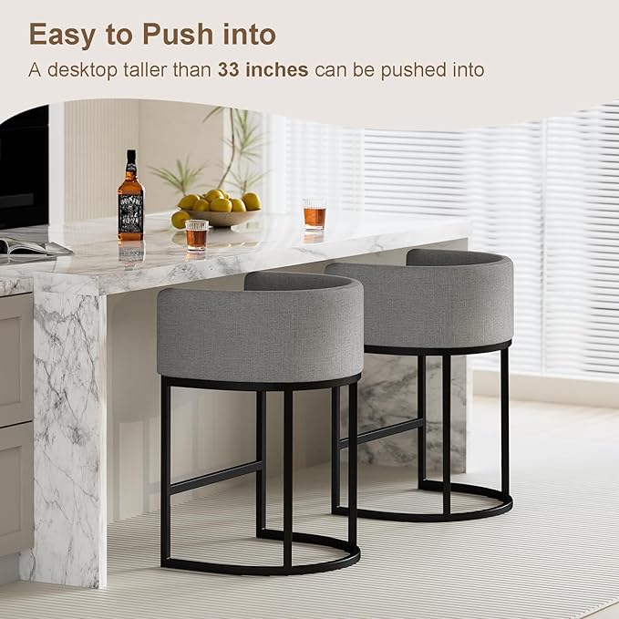26" H Counter Height Bar Stools Set of 2, Modern Barrel Counter Stools with Backrest and Arms, Linen Fabric Upholstered Accent Barstools for Kitchen Island,Support 450 LBS (Gray)