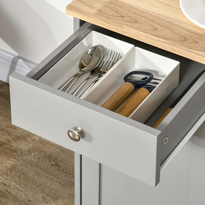 HOMCOM Sideboard Buffet Cabinet with Solid Wood Countertop, Modern Kitchen Storage Cabinet, Coffee Bar Cabinet with 3 Drawers, Doors and Adjustable Shelf, Gray