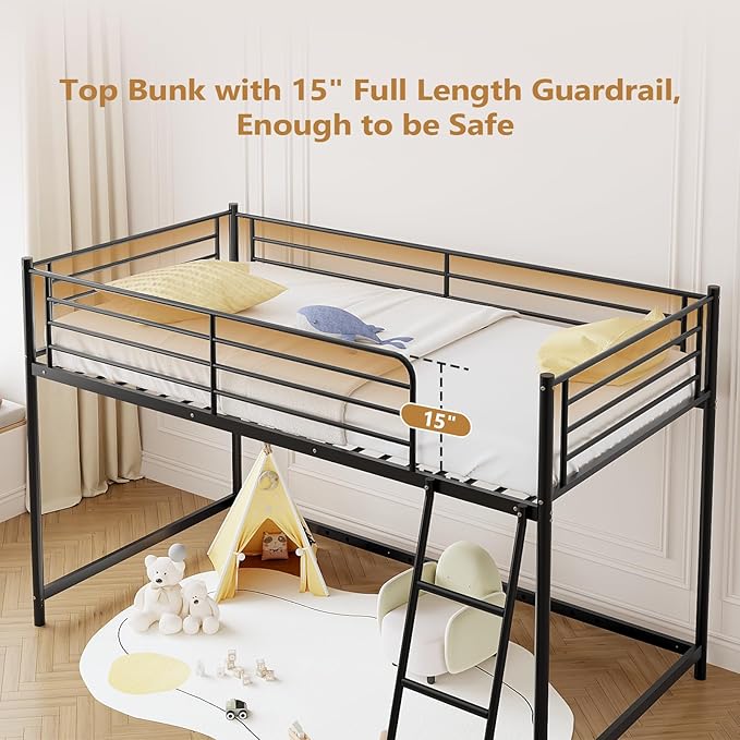 JOYMOR Low Loft Bed with Inclined Ladder, Metal Twin Size Bed Frame with 15” High Guardrail for Boys Girls, Junior, Space Saving, Mattress Not Included (Black)