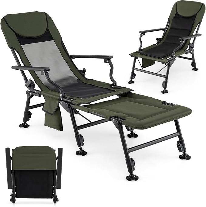 GYMAX Foldable Fishing Chair, Heavy Duty All-Terrain Camping Chair, Detachable Footrest, 180° Adjustable Padded High-Back, Portable Recliner for Outdoor (Detachable Footrest)