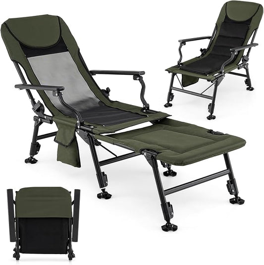 GYMAX Foldable Fishing Chair, Heavy Duty All-Terrain Camping Chair, Detachable Footrest, 180° Adjustable Padded High-Back, Portable Recliner for Outdoor (Detachable Footrest)