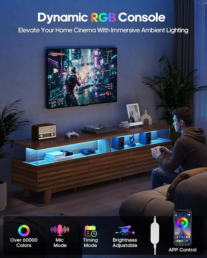HAUOMS 70.9”TV Stand for Living Room with Cable Management, Hidden Power Station, LED Lights, Media Console up to 80", Entertainment Center, Fluted Modern TV Cabinet with Storage, Anti-Tip, Walnut