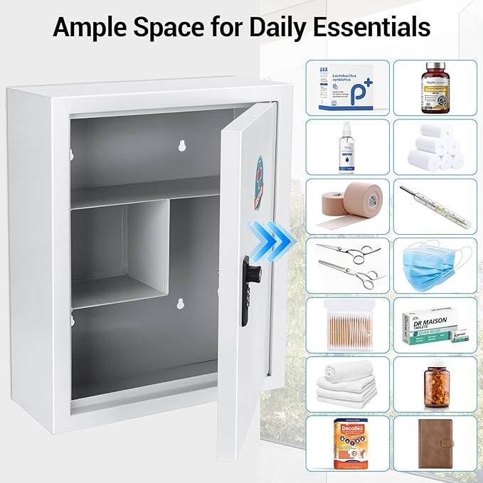 Wall Mounted Metal Medicine Cabinet with Key Lock, First Aid Medication Storage Box, White