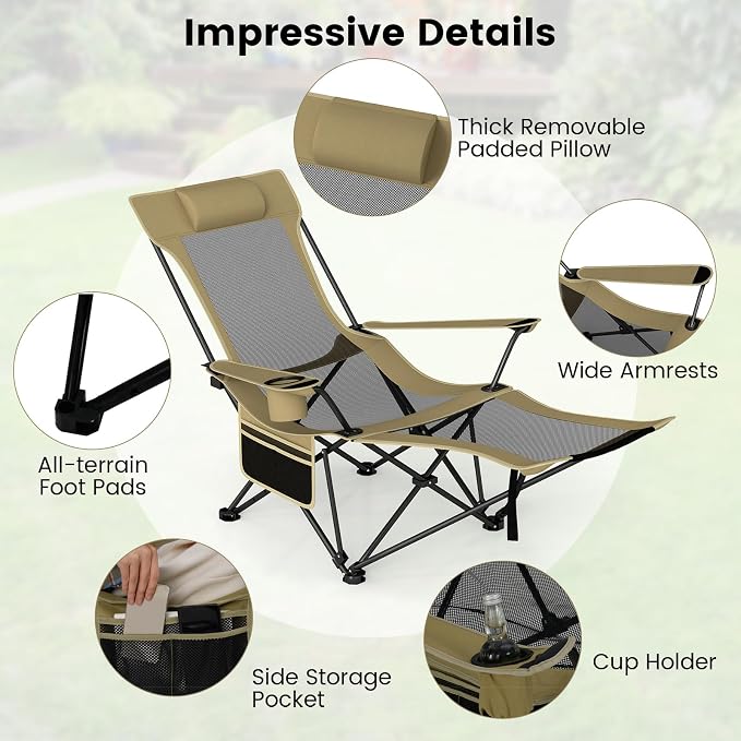 GYMAX Reclining Camping Chairs with Footrest, Lightweight Foldable Camping Chairs with Cup Holders, Adjustable Backrest, Headrest, Heavy Duty Camp Chair for Adult Outdoor Fishing Beach (Khaki,2)