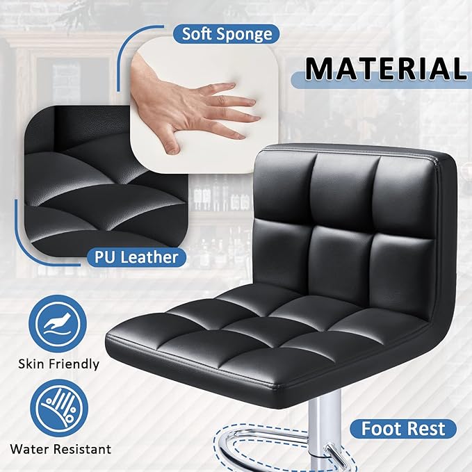 Homall Bar Stools Modern PU Leather Adjustable Swivel Barstools, Armless Hydraulic Kitchen Counter Bar Stool Extra Height Square Island Barstool with Back Set of 2 (Leather, Black)