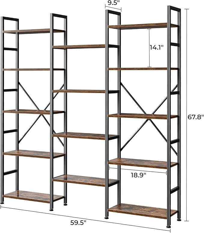 SUPERJARE Triple Bookshelf, Bookcase with 14 Open Display Shelves, Wide Book Shelf Book Case for Home & Office, 5 Tier, Brown