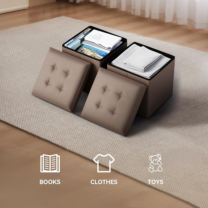 Storage Ottoman Bench, 15 Inch Ottoman Foot Rest, End of Bed Bench, Storage Chest for Living Room, Bedroom, Entryway, Brown