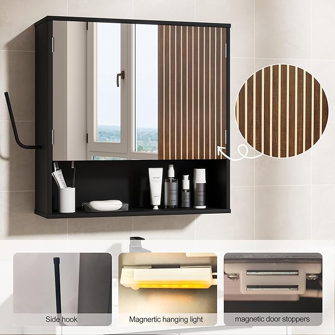 Bathroom Wall Cabinet With Mirror,wall mounted bathroom cabinet,Medicine Cabinet with 2 Door ,Side Hook,Light and Adjustable Shelves,Black Cabinet with Wood Grain,Over The Toilet Space Saver Cabinet.