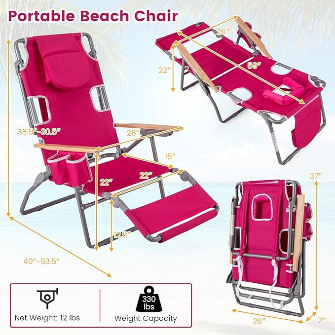 Goplus 3-in-1 Foldable Beach Chair, Lay-Flat Tanning Chair with Face and Arm Holes, Footrest, 330 lbs Heavy-Duty Portable Reclining Lounge Chairs for Outside, Camping, Patio, Poolside, Lawn (1,Red)