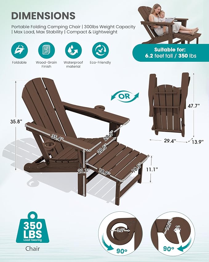 SERWALL Folding Adjustable Adirondack Chairs with Footrest Set of 4, HDPE Outdoor Chair with Dual Cup Holders, All Weather Adirondack Chair with Ottoman, Coffee