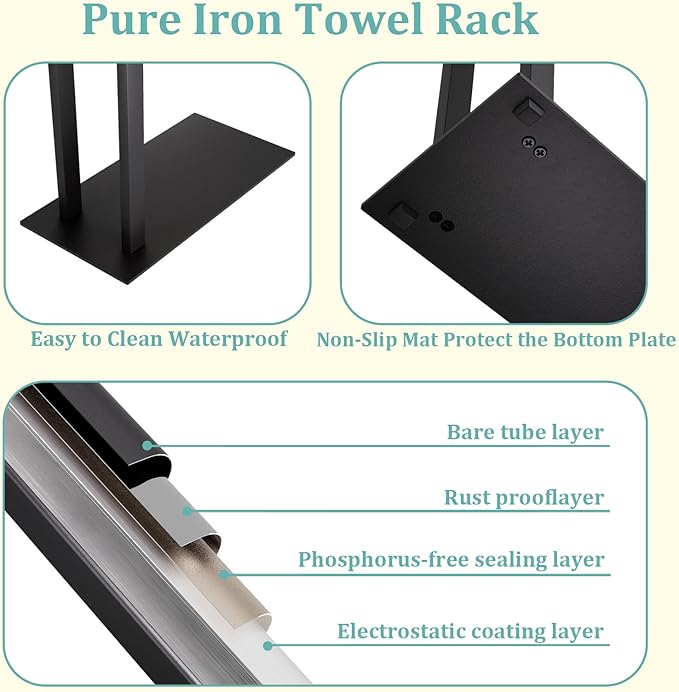 Yawinhe Free Standing Towel Rack, 2 Tier Blanket Holder with Marble Base, Metal Hand Towel Holder for Bathrooms, Drying and Display Rack with Shelf,15.7×7.87×31.49 inch,Black, SMJ003B