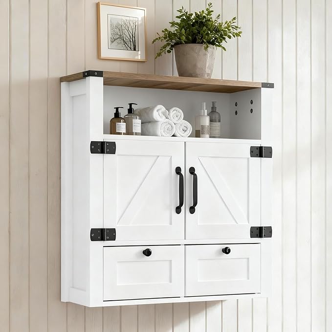 M METERXITY Bathroom Wall Cabinet, Farmhouse Medicine Cabinet with Mirror, Drawer, Barn Doors, Over the Toilet Storage Cabinets Wall Mounted for Bathroom Kitchen Laundry Entrance, Rustic