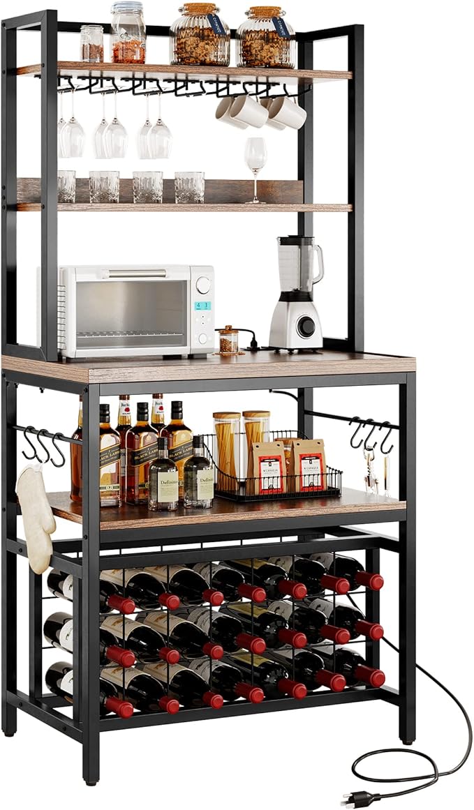 YITAHOME Kitchen Microwave Bakers Stand 31 Inches Wine Rack Free Standing Small w Storage for Liquor Glasses Power Outlet Tall Farmhouse Utility Shelf Pantry Dining Room Coffee Bar Hutch, Rustic Brown