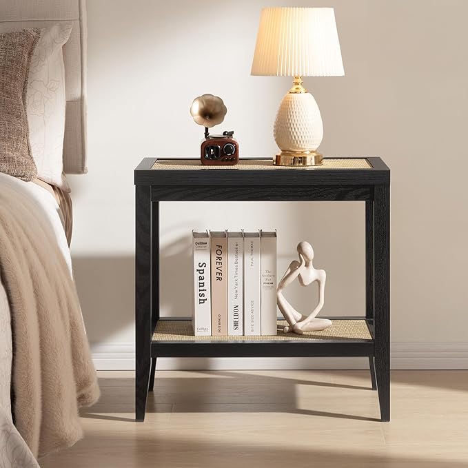 SICOTAS Rattan Nightstand Bedside Table - Farmhouse Boho Narrow Accent End Table with 2 Open Shelves for Bedroom, Living Room, Small Spaces - Black Oak
