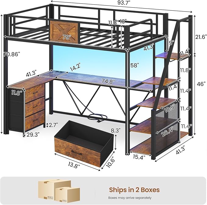Itaar Stairway Twin Size Loft Bed with L Shaped Desk and Wardrobe, Metal Loft Bed Frame with Storage Stairs, 3 Fabric Drawers, LED Lights & Charging Sation, Rustic Brown