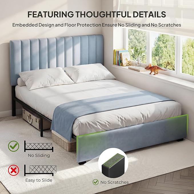 Welzona Full Size Bed Frame with Headboard, Velvet Fully Upholstered Metal Platform Bed with Vertical Channel Tufted Headboard, 3-Level Height, Under-Bed Storage, Metal Support, Easy Assembly, Blue