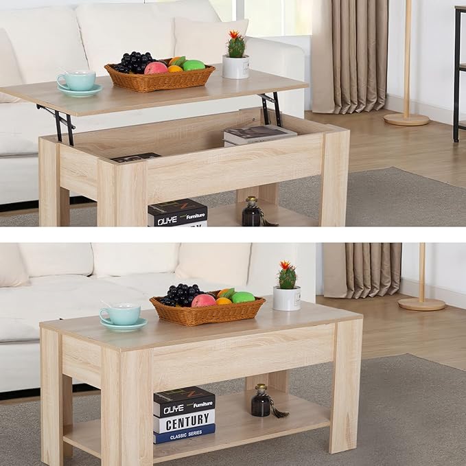 Lift Top Coffee Table with Lift Tabletop Hidden Compartment and Storage Shelf Wooden Living Room Table for Home Reception Room Office,Grey