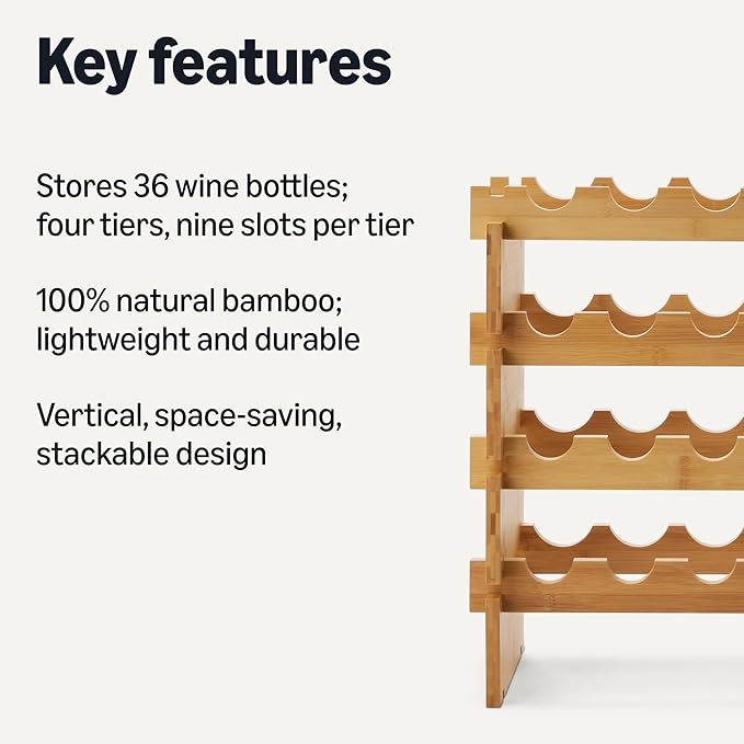 Amazon Basics Stackable Natural Bamboo Wine Rack, 36 Bottle Capacity, Easy to Assemble