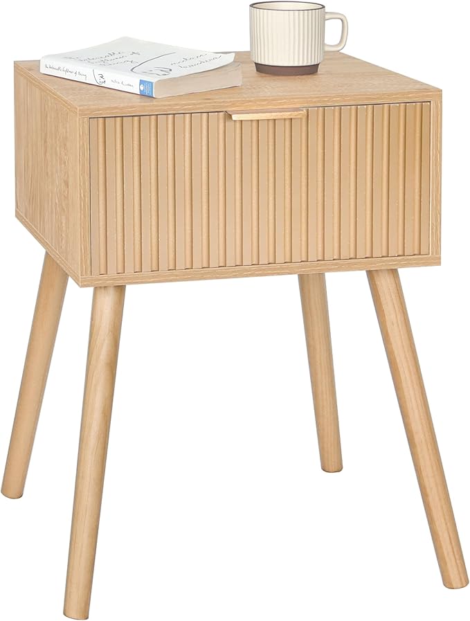 AWASEN Nightstand, Small End Tables Living Room, Accent Bedside Side Table with Fluted Drawer for Bedroom and Small Space, Rustic Walnut