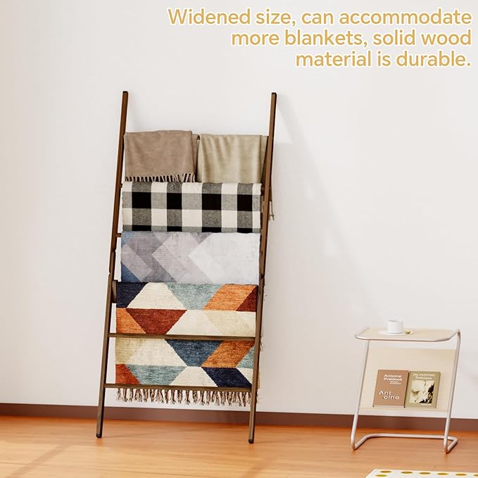 Delywh 6-Tier Wide Double Blanket Ladder Wood, Rustic Decorative Towel Rack for Big Blanket, Towel, Quilt, Clothes, Freestanding Blanket Holder Towel Ladder Decor Stand for Living Room, Bedroom, Brown