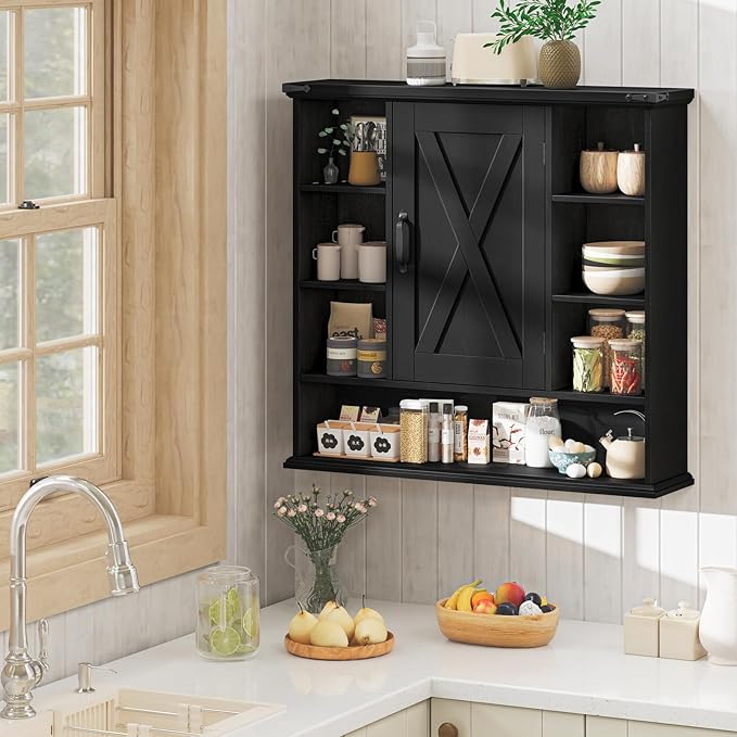 Halitaa Bathroom Wall Cabinet, Farmhouse Medicine Cabinet with Adjustable Shelves and Barn Doors, Large Wall Mounted Over the Toilet Storage Cabinet for Bathroom, Laundry Room, Kitchen, Rustic Black