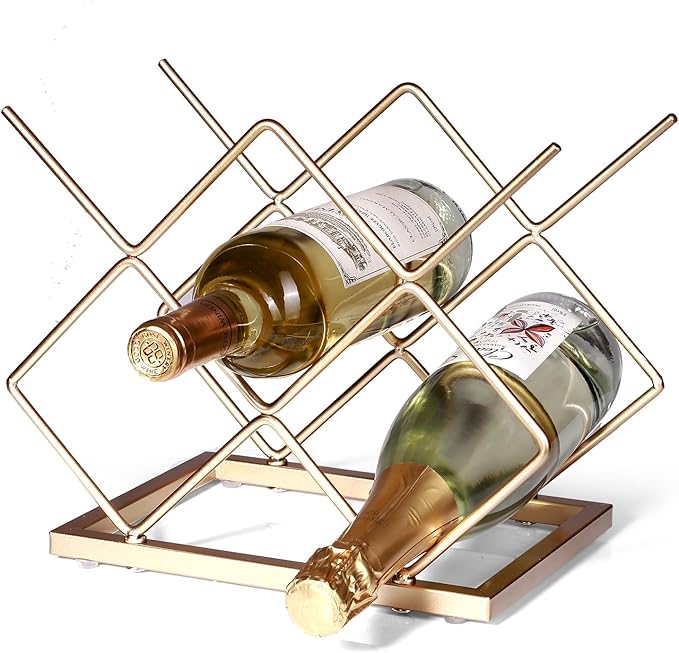 Countertop Wine Rack - 5 Bottle Freestanding Modern Gold Metal Small Wine Rack - Tabletop Wine Holder Stand for Cabinet, Pantry, Wine Bottle Storage… (Large Size-Gold 5btl)