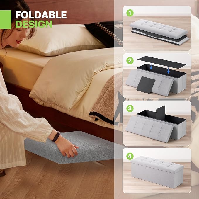 Magshion Folding Storage Ottoman Bench, 43 Inches Ottoman Foot Rest, Large End of Bed Bench, Storage Chest for Living Room, Entryway, Bedroom, 600 lbs Load Capacity, 15 x 43 x 15 Inches, Light Gray