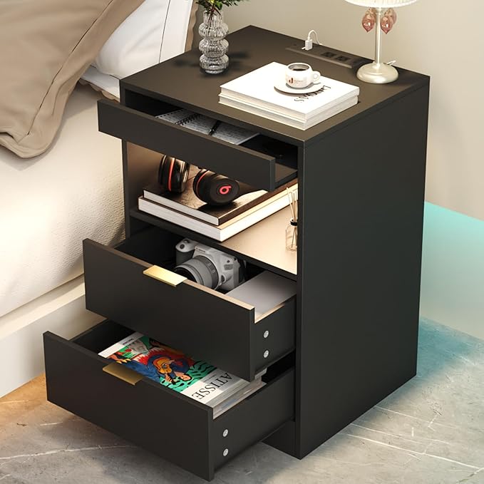 Gadroad Night Stand, LED Nightstand with Charging Station, Wood Bedside Table, End Table Sofa Couch Side Table with Pull-Out Shelf, Black