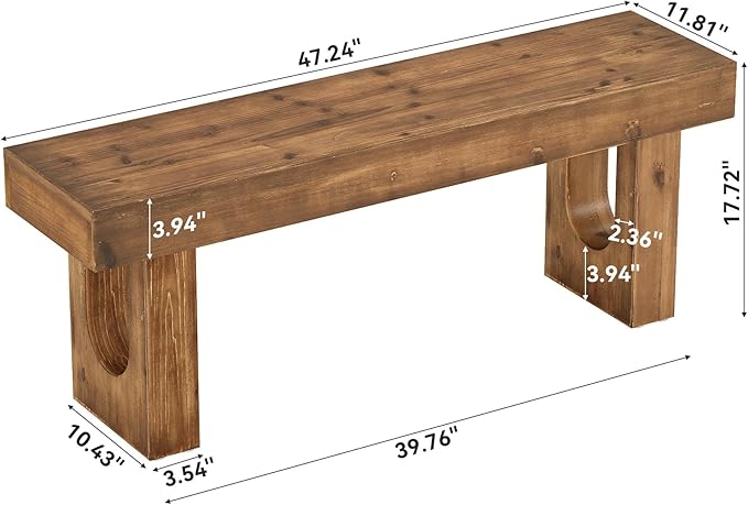 47" Long Solid Wood Dining Bench, Farmhouse Indoor Narrow Kitchen Table Bench with Sturdy Legs for Dining Room, Kitchen, Living Room, Easy Assembly, Rustic Brown