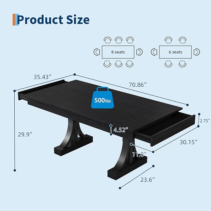 Garvee 71-Inch Dining Table with 2 Drawers,Rectangular Dining Table for 6-8 with Double Pedestal & Sturdy Frame, Industrial Wooden Kitchen Table with Large Tabletop, for Dinner, Rustic Black