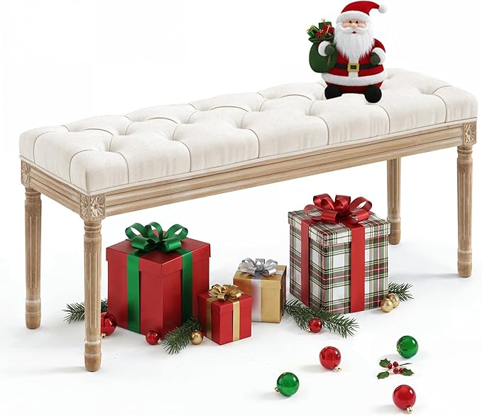 LUE BONA 44" Bedroom Bench, Fabric End of Bed Bench, Upholstered French Tufted Ottoman Bench with Carved Wood Legs for Bedroom End of Double Full Queen Size Bed, Living Room, Beige