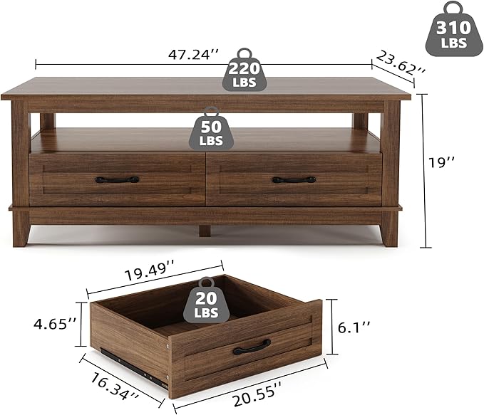 IDEALHOUSE Brown Coffee Table with Drawers, 47.2” Rustic Center Table with Open Shelf and 6 Support Legs, Large Living Room Table with Storage