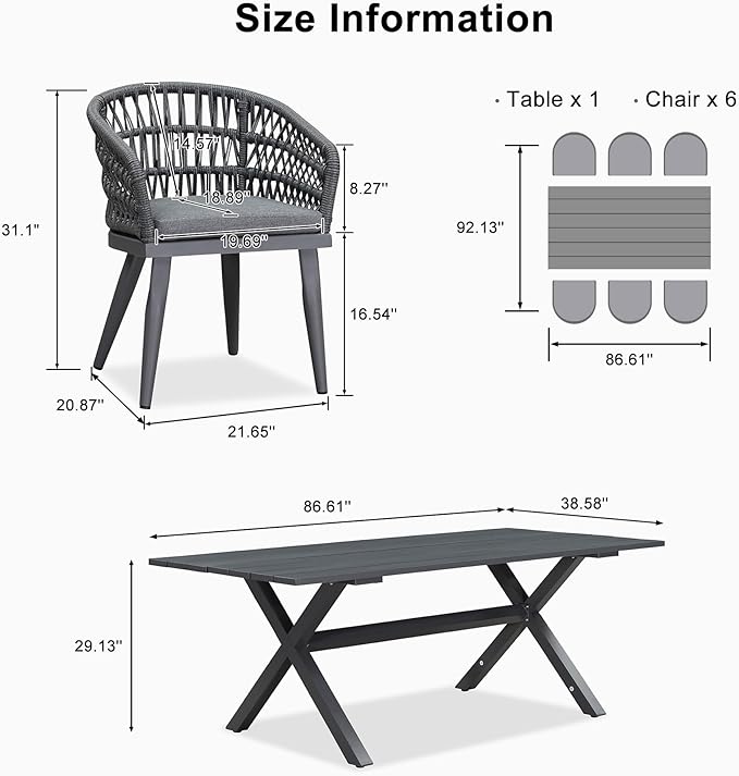 PURPLE LEAF Outdoor Dining Set All-Weather PE Rattan Patio Dining Furniture Set with All Aluminum Frame Rectangular Table and 6 Chairs Set for Lawn Garden Backyard Deck, Grey