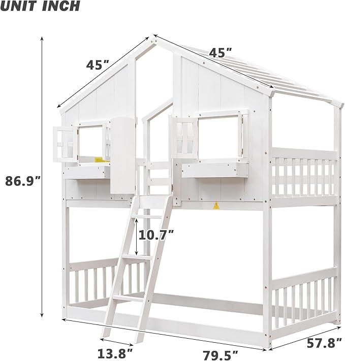 Wooden Twin Over Twin Floor Bunk House Bed with Door and Window Built-in Storage Box, Low Loft Bunk Bed for Kids Girls Boys Adults, No Box Spring Needed, White