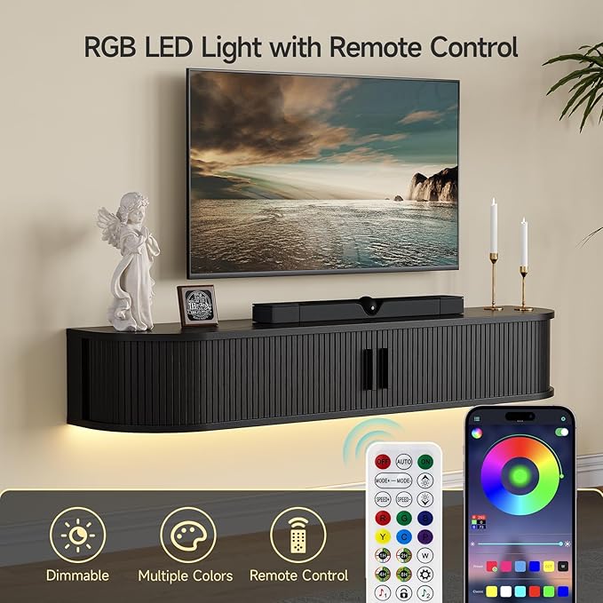 55" Floating TV Stand with Power Outlet for TVs up to 65", Fluted Entertainment Center with Remote Control for LED Lights, Mid-Century Modern TV Console w/Sliding Door for Living Room, Bedroom Black