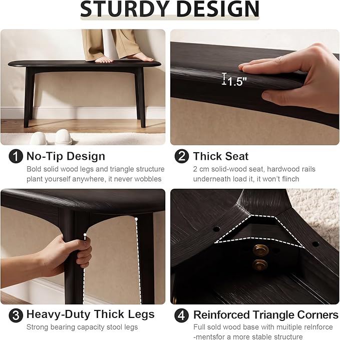 DONGMUWUEJEE 100% Solid Wood Dining Bench, Wood Bench for End of Bed with Rounded Corners, Entryway Benches for Farmhouse, Kitchen, Living Room and Plant Stand (Black, 39.4" D x 11.8" W x 19.7" H)