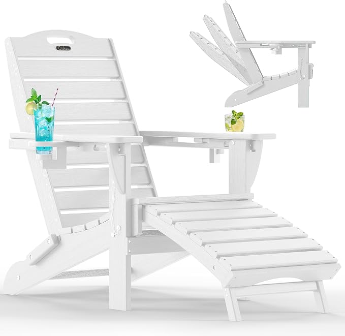 Ciokea Folding Adirondack Chair with Retractable Ottoman Fire Pit Patio Chair with Pull Out Foot Rest Weather Resistant Lawn Outdoor Lounge Chair with 2 Cup Holder (White)