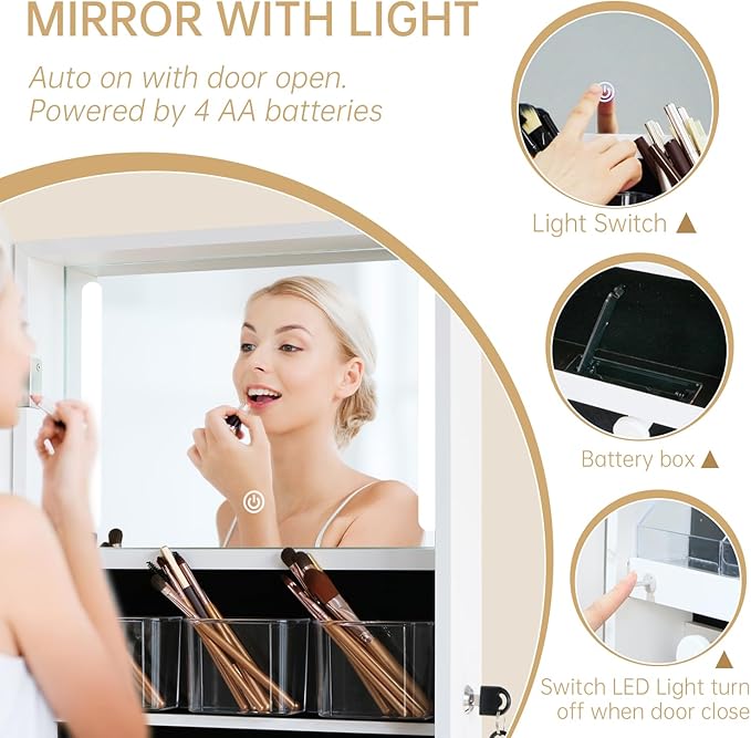 Arched Swivel Jewelry Cosmetics Armoire Cabinet Standing with Full Length Mirror, Lockable Jewelry Organizers Storage with 3 Color LED Lights & Interior Vanity Mirror Rear Storage Shelves White