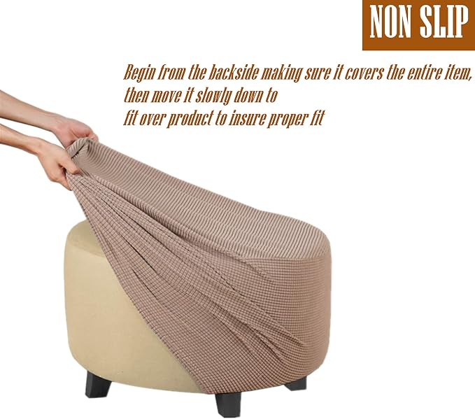 Stretch Ottoman Slipcover – Round Furniture Protector Fits 30"-41" Dia, for Footrests, Storage Ottomans & Folding Stools – Elastic Fabric Cover (Khaki, X-Large)