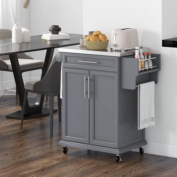 HOMCOM Kitchen Island on Wheels, Rolling Kitchen Cart with Stainless Steel Countertop, Drawer, Towel Rack and Spice Rack, Utility Storage Trolley, Gray