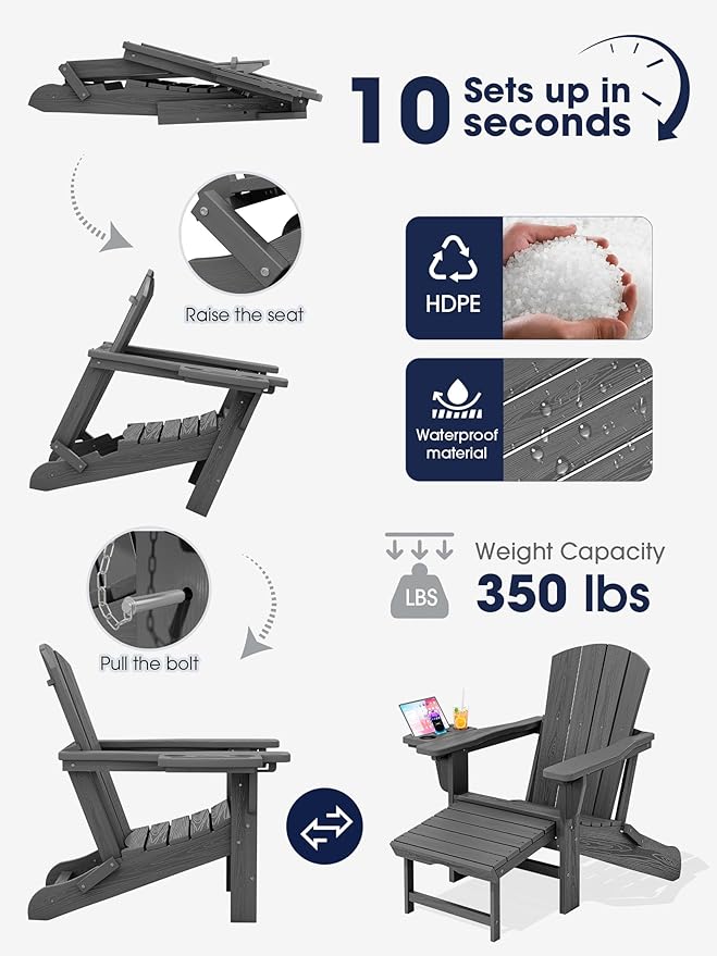 KINGYES Adjustable Folding Adirondack Chair with Footrest & 4-in-1 Multi-Functional Armrest Organizer Set of 4, HDPE Foldable Recliner Adirondack Chair with Pull-Out Ottoman, Grey