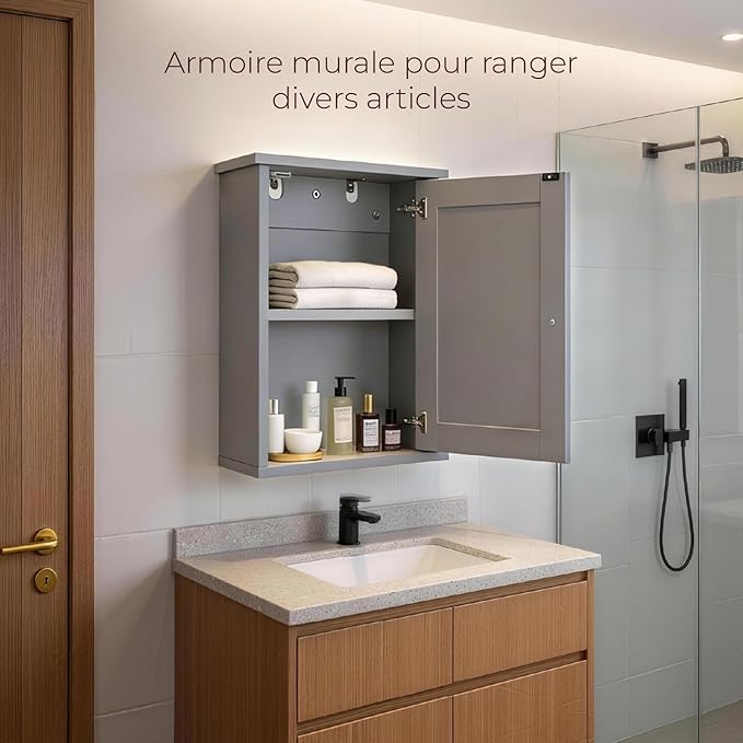 VINGLI Bathroom Wall Cabinet, Gray Medicine Cabinet with Single Door, Small Over Toilet Storage Organizer with Adjustable Shelf, Hanging Kitchen Cupboard for Laundry Room, 13.7x7.5x19.7 Inch