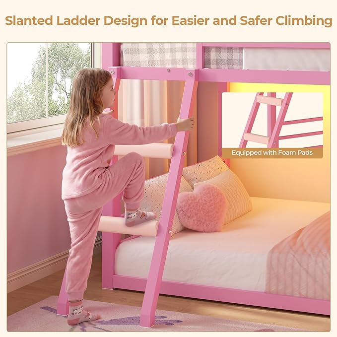 BTHFST Low Bunk Bed Twin Over Twin with 7 Large Fabric Drawers & Bookshelf, Metal Bunk Bed with RGB LED Lights & Slanted Ladder & Safety Guardrail, Space-Saving Kids Low Loft Bed Twin, Pink