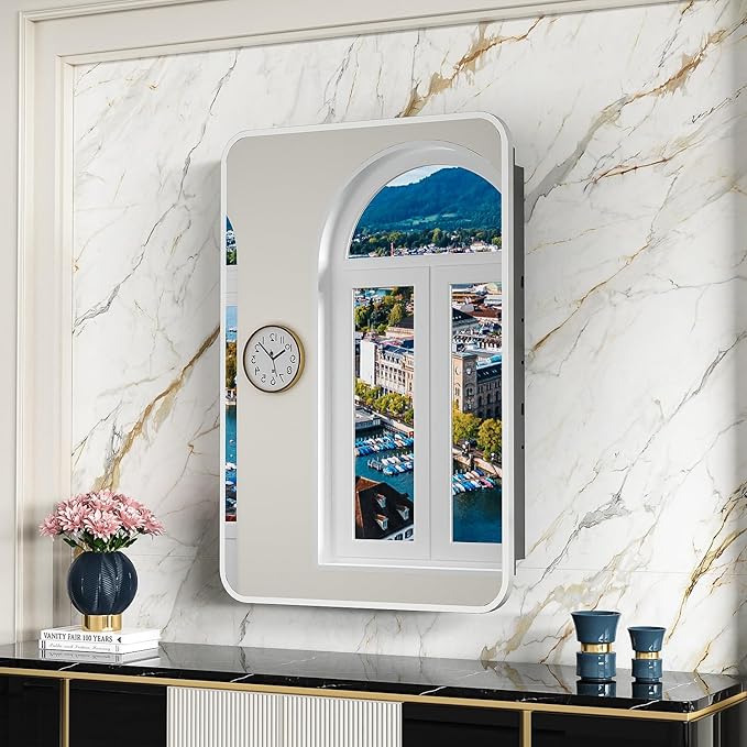 ACEMIRO 20x28 Inch Recessed Medicine Cabinet with Mirror Metal Framed Surface Wall Mounted Bathroom Mirror Medicine Cabinet with Storage Brushed Silver