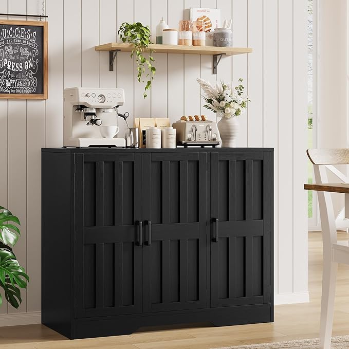 Modern Farmhouse Buffet Cabinet with Storage, 42" Large Sideboard Storage Cabinet with 3 Barn Doors, Coffee Liquor Bar Cabinet Wood Table Credenza with Adjustable Shelf for Kitchen Dining Living Room